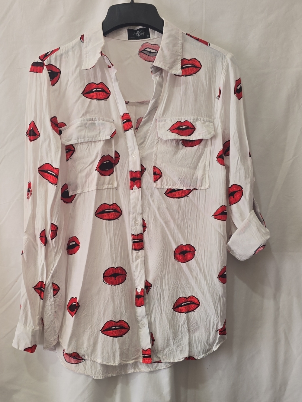 Milk & Honey White Button-Down Shirt with Red Lip Print